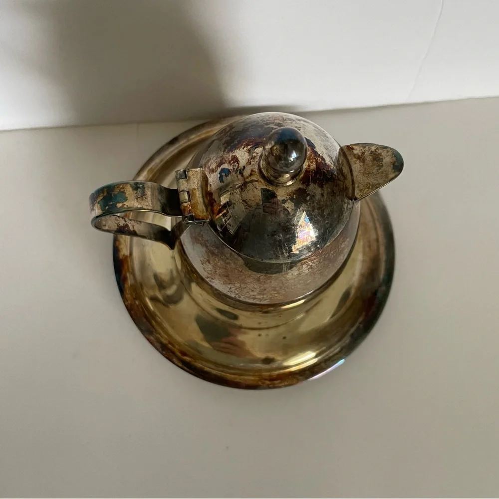 Apollo EPC Vintage Silverplate Silver Patina Cream Pot Attached Saucer Plate